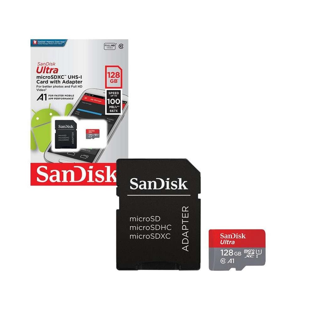 MICRO SD 128GB SANDISK CLASSE 10 ULTRA COM ADAPTADOR 100MB/S 2X1